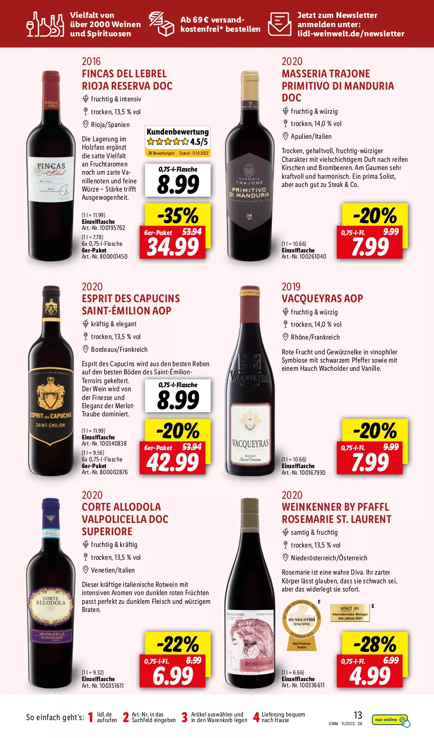 Aktueller Prospekt Lidl - Beste Weine für jeden Anlass - von 01.11 bis 30.11.2022 - strona 13 - produkty: aust, beere, beeren, berliner, bio, braten, brombeere, brombeeren, Cap, cin, eis, elle, esprit, finesse, flasche, fleisch, frucht, früchte, früchten, gewürz, Holz, kirsch, kirsche, kirschen, korb, kraft, lion, merl, merlot, ndk, Odol, pfeffer, primitivo, reifen, rel, Ria, rioja, rotwein, spirituosen, steak, Ti, Valpolicella, vanille, versandkostenfrei, wein, weine