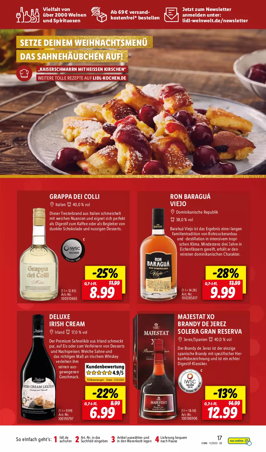 Aktueller Prospekt Lidl - Beste Weine für jeden Anlass - von 01.11 bis 30.11.2022 - strona 17 - produkty: Bau, dessert, desserts, eis, elle, fisch, fische, Fischer, grappa, irish cream, kaffee, Kaiser, Kaiserschmarrn, kirsch, kirsche, kirschen, korb, likör, mac, ndk, Nuance, nuss, rezept, rezepte, rohrzucker, sahne, schoko, schokolade, Spezi, spirituosen, Ti, versandkostenfrei, wein, weine, whiskey, zucker