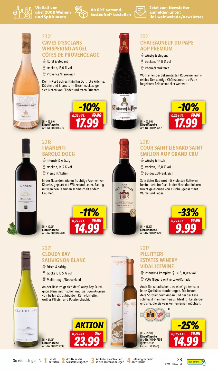 Aktueller Prospekt Lidl - Beste Weine für jeden Anlass - von 01.11 bis 30.11.2022 - strona 23 - produkty: Barolo, Bau, blume, blumen, chateau, Côtes de Provence, eis, Elan, elle, feinschmecker, flasche, flieder, frucht, früchte, früchten, kirsch, kirsche, korb, kräuter, limette, lion, mac, Mett, ndk, passionsfrucht, pfirsich, ring, rotwein, Rubin, saft, sauvignon, sauvignon blanc, spirituosen, Ti, versandkostenfrei, wein, weine