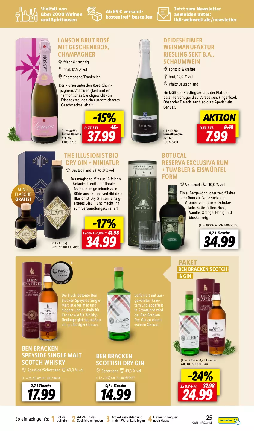 Aktueller Prospekt Lidl - Beste Weine für jeden Anlass - von 01.11 bis 30.11.2022 - strona 25 - produkty: aperitif, bio, Blüte, brut, butter, champagne, champagner, dry gin, eimer, eis, eiswürfel, elle, Faktu, flasche, fleisch, frucht, Geschenkbox, gin, honig, korb, kräuter, kräutern, mac, ndk, nuss, obst, orange, riesling, rum, schoko, schokolade, schott, scotch, scotch whisky, sekt, single malt, spirituosen, Ti, tuc, vanille, versandkostenfrei, vorspeise, wein, weine, whisky, würfel