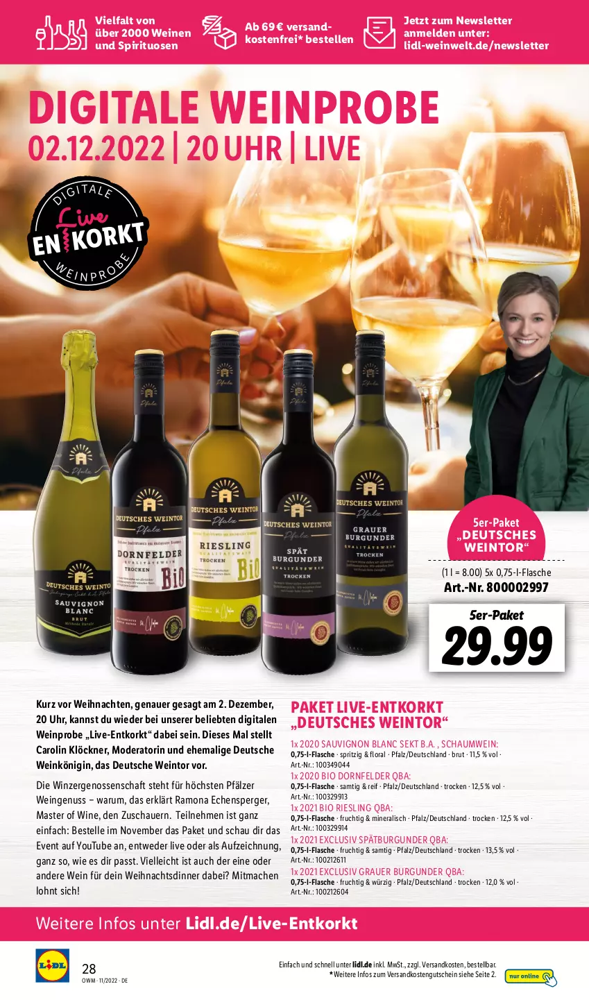 Aktueller Prospekt Lidl - Beste Weine für jeden Anlass - von 01.11 bis 30.11.2022 - strona 28 - produkty: auer, bio, brut, burgunder, dornfelder, elle, flasche, frucht, gin, grauer burgunder, gutschein, mac, Mode, ndk, nuss, riesling, rum, sauvignon, sauvignon blanc, sekt, spätburgunder, spirituosen, Ti, uhr, versandkostenfrei, weihnachten, wein, weine, Yo