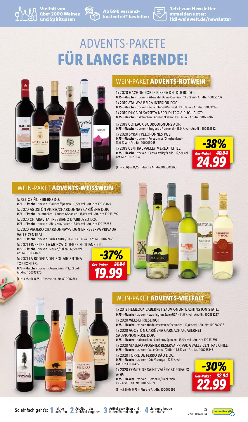 Aktueller Prospekt Lidl - Beste Weine für jeden Anlass - von 01.11 bis 30.11.2022 - strona 5 - produkty: cabernet, cabernet sauvignon, chardonnay, chia, eis, elle, flasche, korb, merl, merlot, ndk, nero, rel, riesling, rotwein, sauvignon, spirituosen, Ti, versandkostenfrei, vita, wein, weine, Wels, Welschriesling