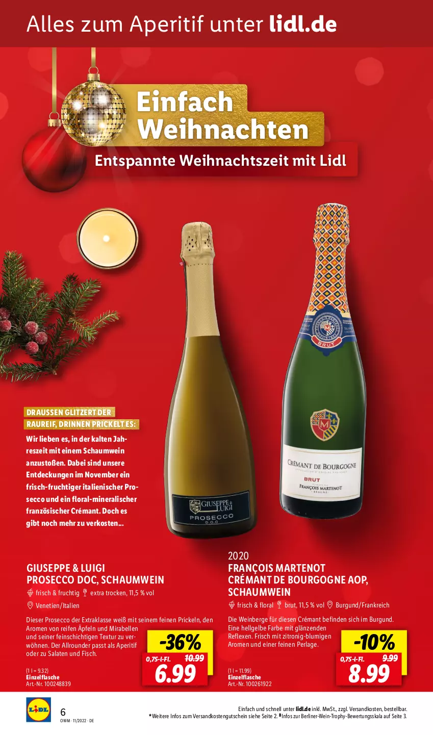 Aktueller Prospekt Lidl - Beste Weine für jeden Anlass - von 01.11 bis 30.11.2022 - strona 6 - produkty: aperitif, berliner, Bourgogne, brut, ecco, elle, fisch, flasche, frucht, gutschein, LG, ndk, perla, prosecco, reifen, salat, salate, Ti, weihnachten, wein