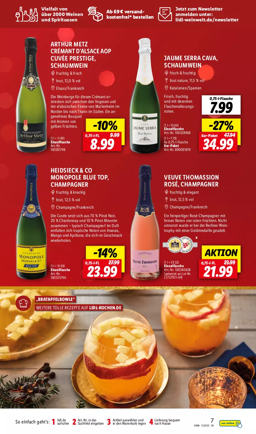 Aktueller Prospekt Lidl - Beste Weine für jeden Anlass - von 01.11 bis 30.11.2022 - strona 7 - produkty: ananas, apfel, aprikose, berliner, bowle, brut, Cava, champagne, champagner, chardonnay, cuvée, elle, ente, flasche, frucht, früchte, früchten, korb, mac, mango, natur, ndk, Pinot, Pinot Meunier, pinot noir, rezept, rezepte, sac, spirituosen, Ti, versandkostenfrei, wein, weine