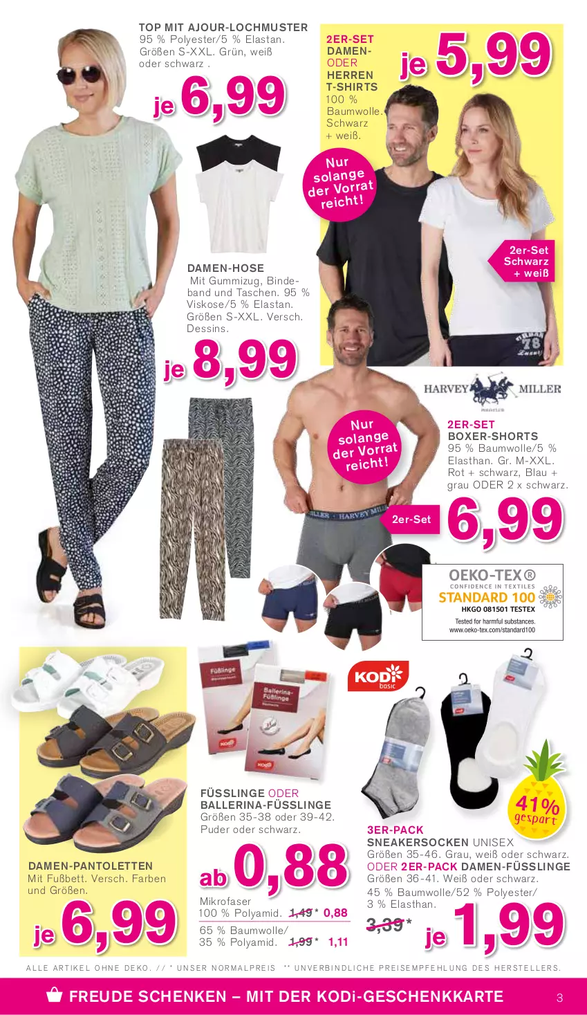 Aktueller Prospekt Kodi - Prospekte - von 05.06 bis 09.06.2022 - strona 3 - produkty: ball, Bau, baumwolle, bett, Boxer-Shorts, damen-hose, damen-pantolette, eis, elle, hose, mikrofaser, pantolette, pantoletten, reis, shirt, shirts, shorts, sneaker, sneakersocken, socken, T-Shirt, Tasche, taschen, teller, Ti, wolle