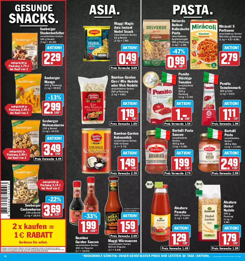 Aktueller Prospekt Aez - Prospekte - von 18.09 bis 23.09.2023 - strona 10 - produkty: bamboo, Berger, bertolli, beutel, Brei, buitoni, Cashew, cashewkerne, eier, eis, ente, erde, flasche, gin, italienische pasta, kokos, kokosmilch, maggi, mango, milch, Mirácoli, natur, natura, nudel, nudeln, nuss, pasta, Pasta Sauce, pesto, pomito, reis, sauce, saucen, seeberger, snack, snacks, studentenfutter, Ti, Tiere, tomate, tomaten, tomatenmark, walnuss, walnusskerne, wok, würzsauce, würzsaucen, ZTE