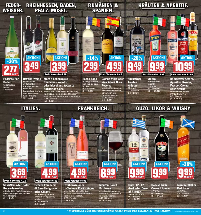 Aktueller Prospekt Aez - Prospekte - von 18.09 bis 23.09.2023 - strona 14 - produkty: ACC, amaro, aperitif, aperitivo rosato, aperol, auer, averna, Bad, baileys, campo viejo, chia, chianti, eis, ente, finesse, flasche, frucht, früchte, früchten, irish cream, johnnie walker, käfer, kräuter, likör, liqueur, moselland, ouzo, ouzo 12, rama, ramazzott, ramazzotti, rebsortenweine, reis, rosato, rum, rwe, Ti, wein, weine, whisky, Wild, zott, ZTE