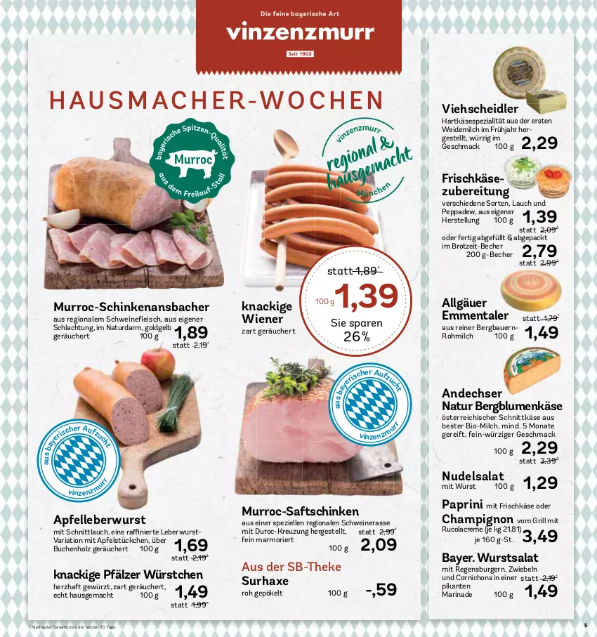 Aktueller Prospekt Aez - Prospekte - von 18.09 bis 23.09.2023 - strona 5 - produkty: andechser natur, apfel, auer, axe, Bau, Bauer, Becher, bio, blume, blumen, brot, buch, burger, champignon, cola, creme, eis, elle, emmentaler, frischkäse, frischkäsezubereitung, gewürz, grill, hartkäse, Haxe, Holz, Käse, leberwurst, LG, mac, marinade, milch, natur, nudel, nudelsalat, österreichischer schnittkäse, regensburger, reis, Ria, rucola, saft, saftschinken, salat, schinken, schnittkäse, schnittlauch, schwein, schweine, Spezi, Ti, weidemilch, wein, weine, wiener, wurst, würstchen, ZTE, zwiebel, zwiebeln