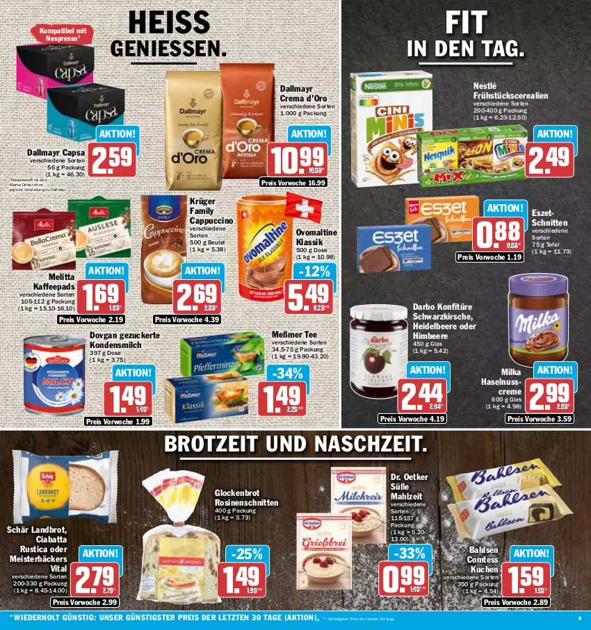 Aktueller Prospekt Aez - Prospekte - von 18.09 bis 23.09.2023 - strona 9 - produkty: bahlsen, beere, beutel, brot, Cap, cappuccino, cerealien, ciabatta, cin, comtess, comtess kuchen, creme, dallmayr, dallmayr capsa, darbo, dovgan, Dr. Oetker, eis, espresso, haselnuss, Haselnusscreme, heidelbeere, himbeer, himbeere, kaffee, kaffeepads, kirsch, kirsche, kondensmilch, konfitüre, krüger, kuchen, Meister, melitta, Meßmer, milch, milka, nespresso, nestlé, nuss, ovomaltine, reis, ritter, schnitten, tee, Ti, vita, ZTE, zucker