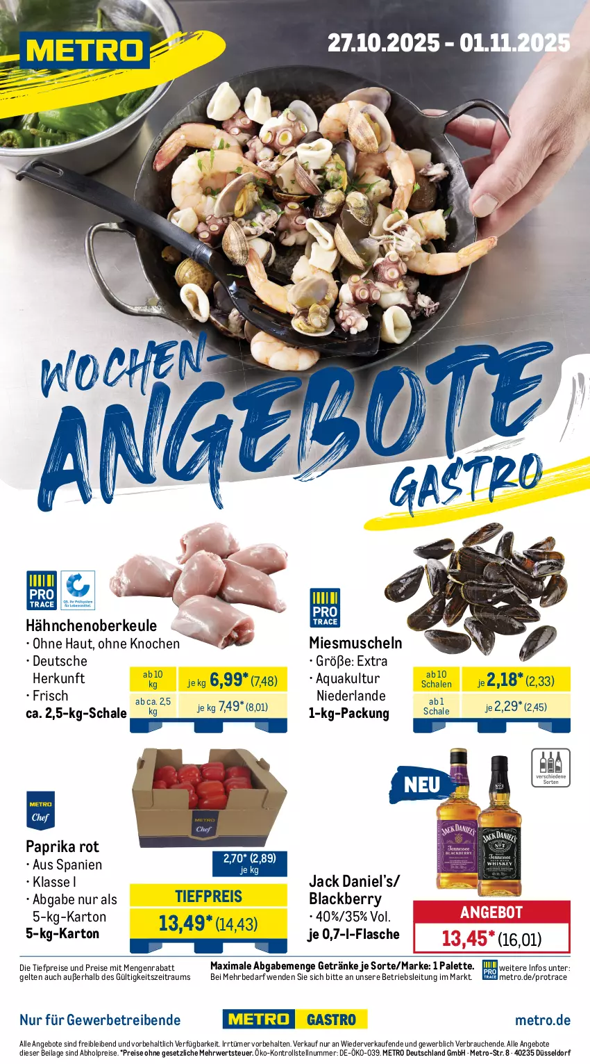 Aktueller Prospekt Metro - Wochen-Angebote Gastro - von 27.10 bis 01.11.2025 - strona 1 - produkty: abholpreise, angebot, angebote, aqua, eis, flasche, getränk, getränke, ilag, jack daniel, Jack Daniel’s, lack, Metro, Muscheln, Palette, paprika, paprika rot, Rauch, reis, rwe, Schal, Schale, Ti, tiefpreis