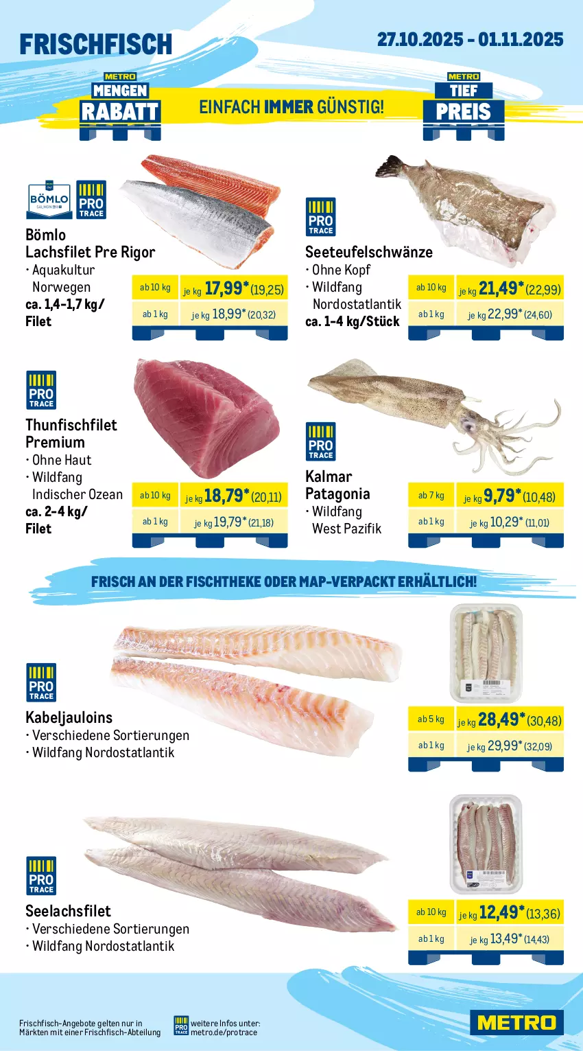 Aktueller Prospekt Metro - Wochen-Angebote Gastro - von 27.10 bis 01.11.2025 - strona 5 - produkty: Abtei, angebot, angebote, aqua, eis, filet, fisch, fischtheke, fleisch, frischfisch, lachs, lachsfilet, Metro, rwe, schwein, schweine, schweinefilet, schweinenacken, schweinerücken, seelachsfilet, steak, thunfisch, Ti, wein, weine, Wild