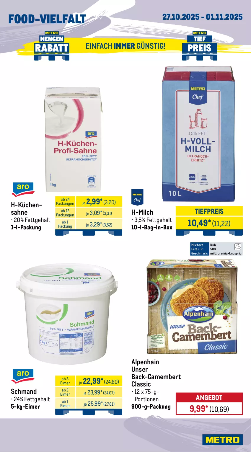 Aktueller Prospekt Metro - Wochen-Angebote Gastro - von 27.10 bis 01.11.2025 - strona 9 - produkty: Alpenhain, angebot, bag-in-box, camembert, champignon, champignons, cola, eimer, eis, kartoffel, kartoffeln, küche, Küchen, Küchensahne, mac, milch, obst, reis, rucola, sac, sahne, schmand, speisekartoffeln, Ti, tiefpreis, zucchini