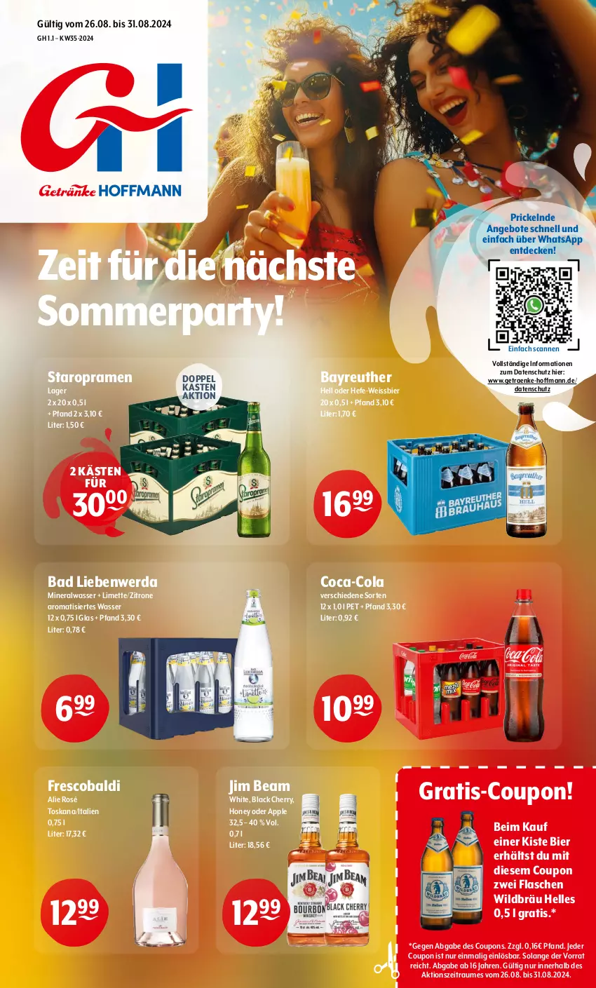 Aktueller Prospekt Getraenke Hoffmann - Prospekte - von 26.08 bis 31.08.2024 - strona 1 - produkty: aldi, Alwa, angebot, angebote, Apple, Bad, Bad Liebenwerda, bier, coca-cola, cola, coupon, coupons, decke, eis, elle, flasche, Hefe, jim beam, lack, limette, Mett, mineralwasser, Staropramen, Ti, wasser, weissbier, Wild, zitrone