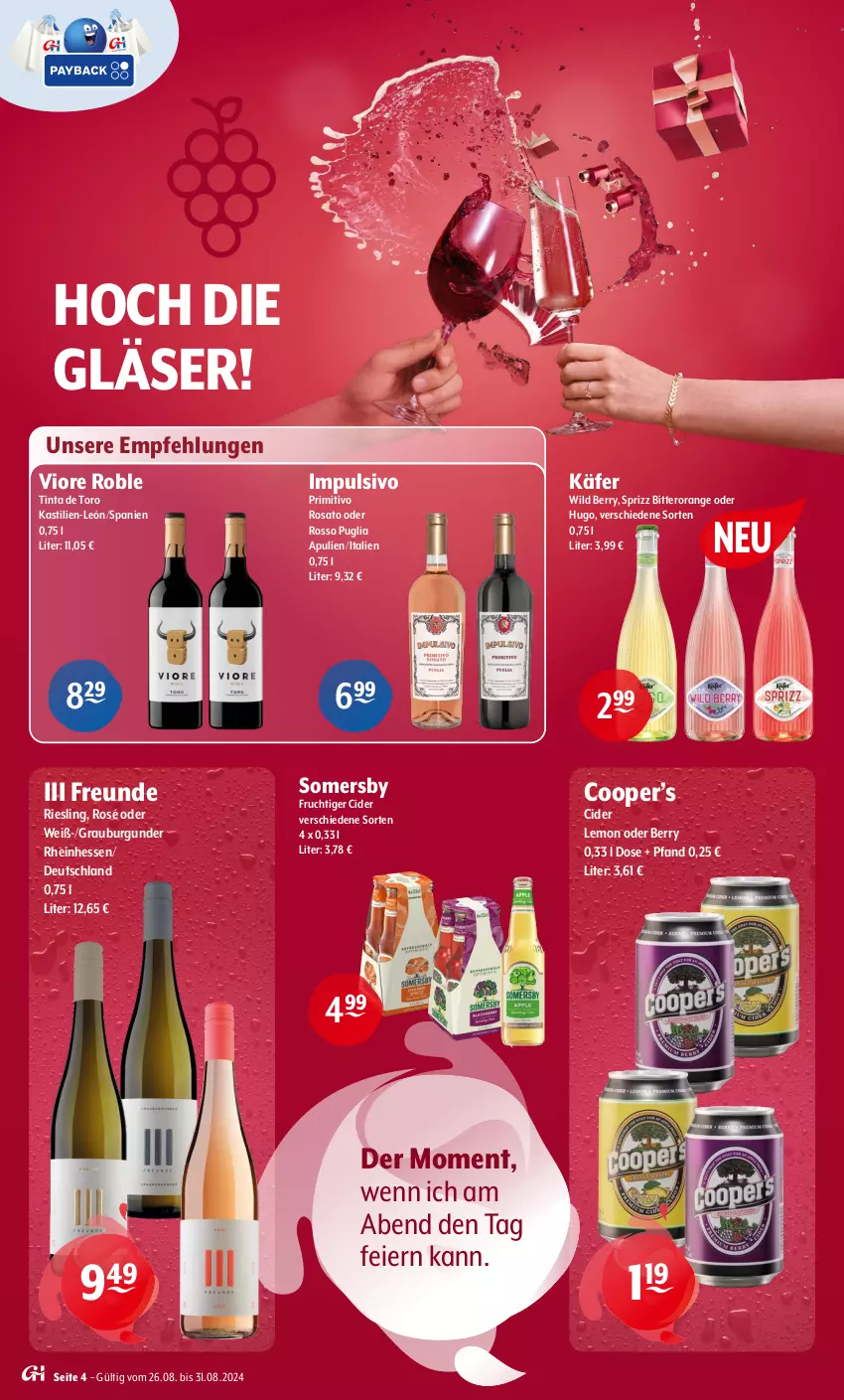 Aktueller Prospekt Getraenke Hoffmann - Prospekte - von 26.08 bis 31.08.2024 - strona 4 - produkty: asti, burgunder, cider, eier, frucht, Gläser, grauburgunder, hugo, käfer, orange, primitivo, riesling, rosato, somersby, Sprizz, Ti, Wild, wild berry