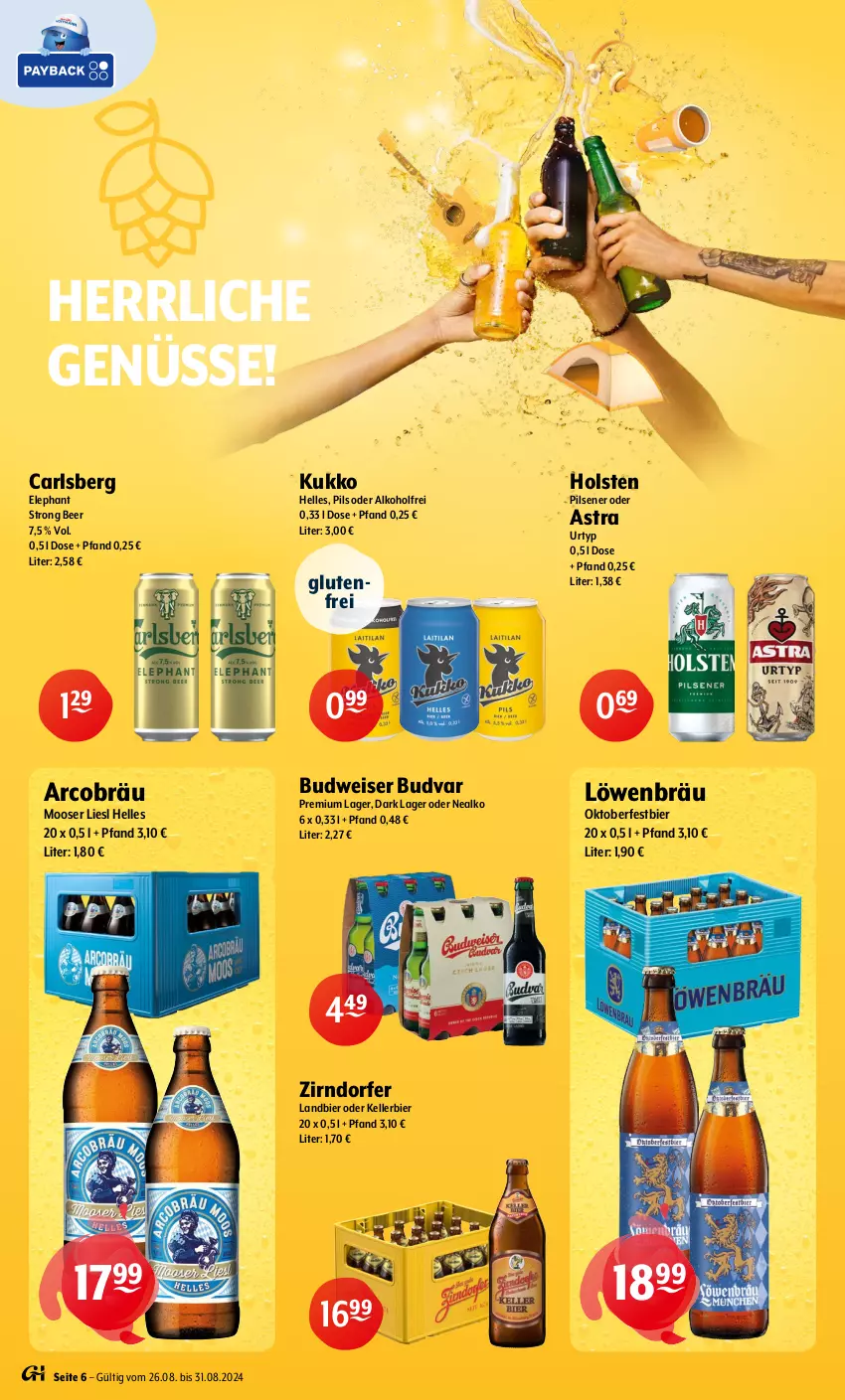 Aktueller Prospekt Getraenke Hoffmann - Prospekte - von 26.08 bis 31.08.2024 - strona 6 - produkty: alkohol, Astra, bier, budweiser, carlsberg, eis, elle, holsten, holsten pilsener, kellerbier, pils, pilsener, Ti, urtyp