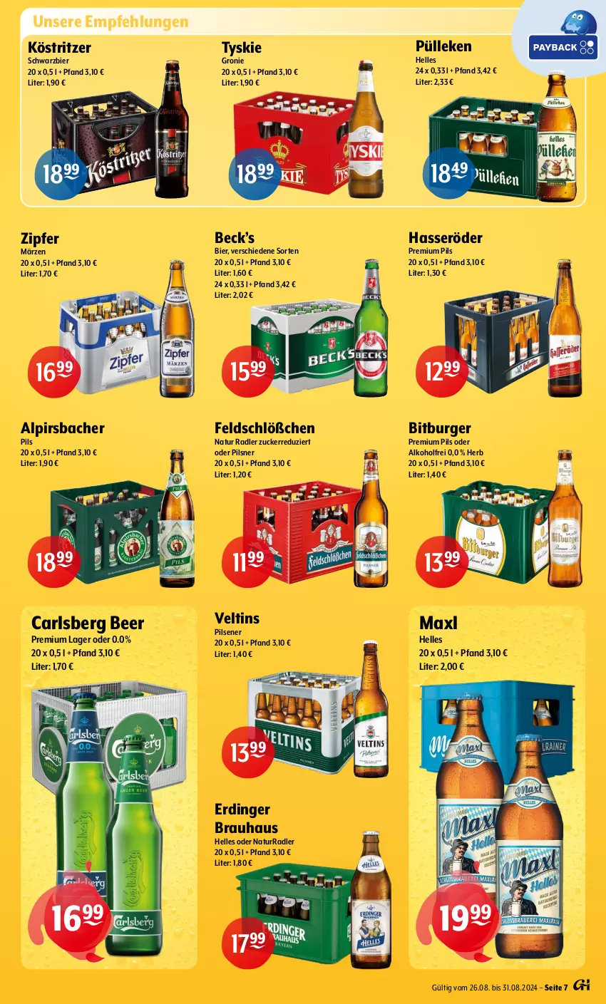 Aktueller Prospekt Getraenke Hoffmann - Prospekte - von 26.08 bis 31.08.2024 - strona 7 - produkty: alkohol, Alpirsbacher, bier, bitburger, burger, carlsberg, carlsberg beer, elle, erdinger, hasseröder, köstritzer, natur, natur radler, pils, pilsener, pilsner, premium pils, radler, Ti, tyskie, veltins, Zipfer, zucker