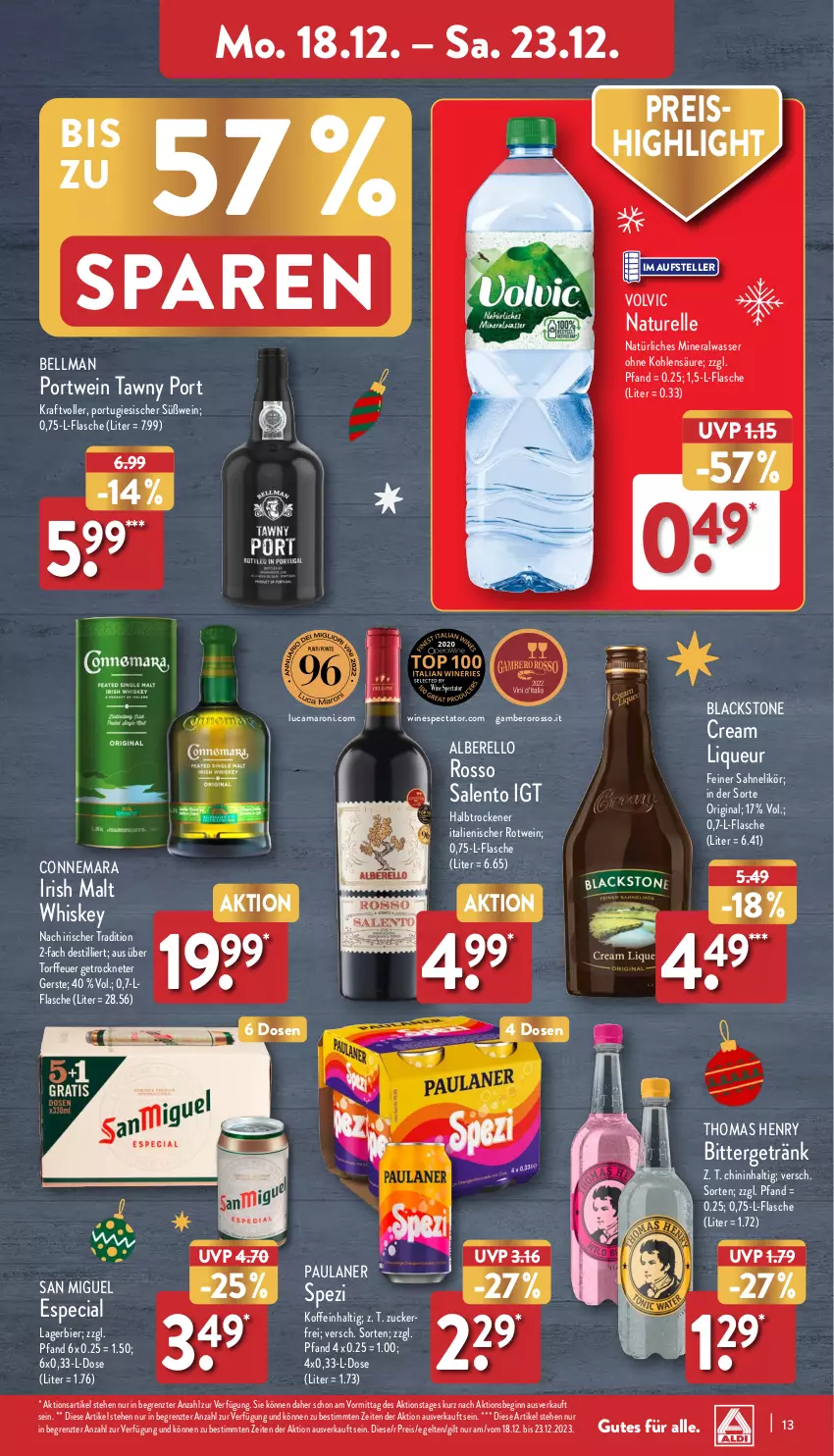 Aktueller Prospekt Aldi Nord - Von Montag - von 18.12 bis 23.12.2023 - strona 13 - produkty: Alwa, amaro, Amber, bier, eis, elle, flasche, getränk, gin, kraft, lack, Lagerbier, likör, liqueur, mineralwasser, natur, natürliches mineralwasser, Paula, paulaner, Portwein, reis, rel, rotwein, sahne, Spezi, Tawny Port, teller, thomas henry, Ti, volvic, wasser, wein, whiskey, ZTE, zucker