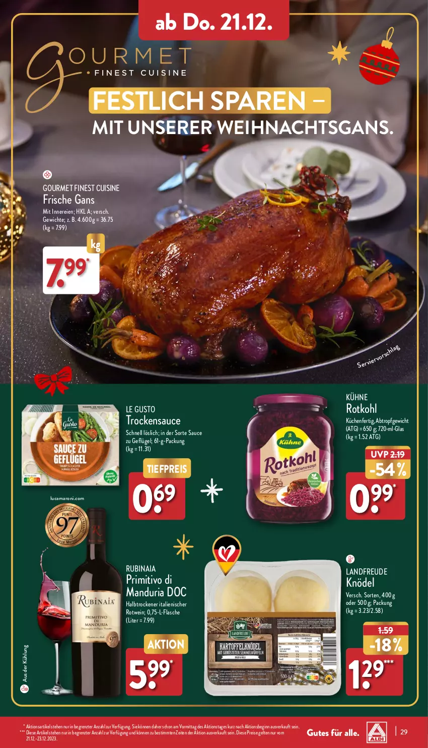 Aktueller Prospekt Aldi Nord - Von Montag - von 18.12 bis 23.12.2023 - strona 29 - produkty: amaro, eis, flasche, Frische Gans, Geflügel, gin, Knödel, küche, Küchen, Kühne, primitivo, reis, Ria, rotkohl, rotwein, Rubin, sauce, Ti, tiefpreis, wein, ZTE