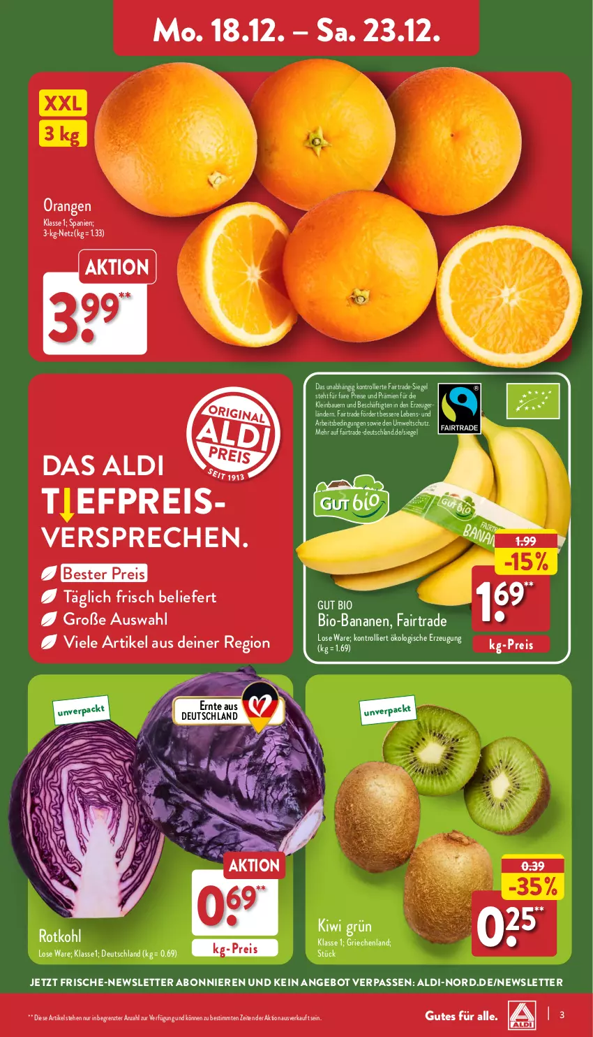 Aktueller Prospekt Aldi Nord - Von Montag - von 18.12 bis 23.12.2023 - strona 3 - produkty: aldi, angebot, auer, banane, bananen, Bau, Bauer, bio, bio-bananen, eis, kiwi, orange, orangen, reis, rotkohl, Ti, trolli, ZTE