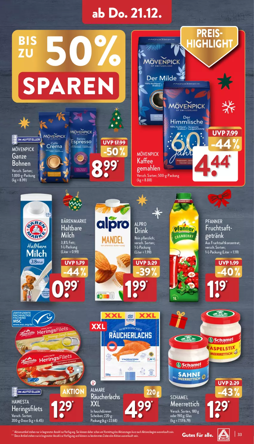 Aktueller Prospekt Aldi Nord - Von Montag - von 18.12 bis 23.12.2023 - strona 33 - produkty: almare, alpro, bärenmarke, bohne, bohnen, drink, eis, elle, filet, filets, frucht, fruchtsaft, getränk, gin, haltbare milch, hawesta, hering, Herings, heringsfilets, kaffee, lachs, meerrettich, milch, mövenpick, pfanne, Pfanner, reis, Rettich, ring, saft, schamel, teller, Ti, ZTE