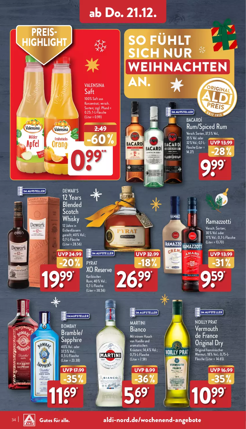 Aktueller Prospekt Aldi Nord - Von Montag - von 18.12 bis 23.12.2023 - strona 34 - produkty: aldi, angebot, angebote, blended scotch, blended scotch whisky, eis, elle, flasche, gin, kräuter, kräutern, martini, rama, ramazzott, ramazzotti, reis, rum, saft, sapphire, scotch, scotch whisky, teller, Ti, tisch, valensina, vanille, Vermouth, weihnachten, whisky, zott