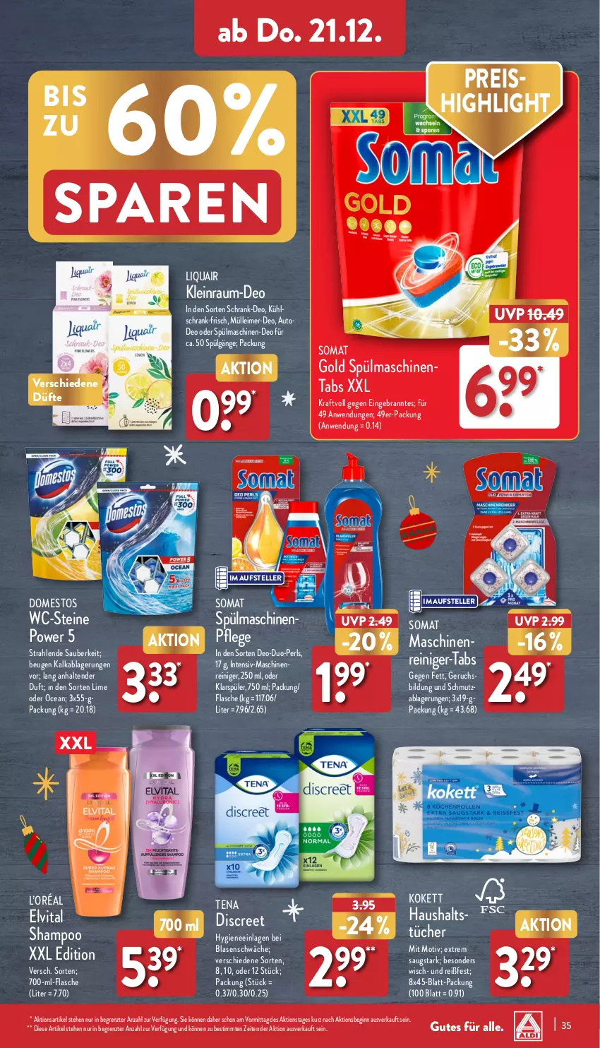 Aktueller Prospekt Aldi Nord - Von Montag - von 18.12 bis 23.12.2023 - strona 35 - produkty: auto, deo, Discreet, domestos, eimer, eis, elle, elvital, flasche, gin, klarspüler, kraft, leimer, LG, reiniger, reis, Schrank, shampoo, somat, spülmaschinen, spülmaschinentabs, teller, tender, Ti, tücher, vita, WC-Steine, ZTE