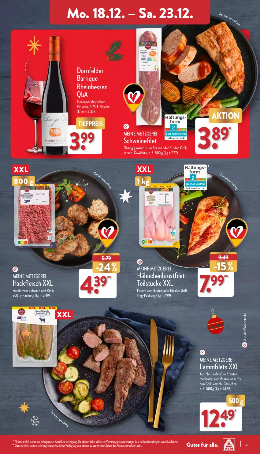 Aktueller Prospekt Aldi Nord - Von Montag - von 18.12 bis 23.12.2023 - strona 5 - produkty: braten, brustfilet, dornfelder, eis, Elan, filet, filets, flasche, fleisch, gewürz, gin, grill, hackfleisch, hähnchenbrust, hähnchenbrustfilet, kräuter, lamm, Lammfilets, marinade, reis, rind, rotwein, schwein, schwein und rind, schweine, schweinefilet, Ti, tiefpreis, vom schwein und rind, wein, weine, ZTE