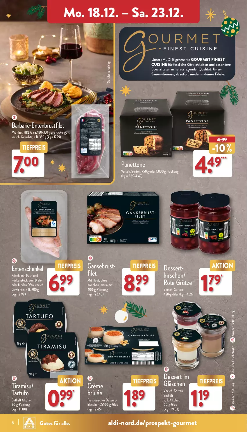 Aktueller Prospekt Aldi Nord - Von Montag - von 18.12 bis 23.12.2023 - strona 8 - produkty: aldi, alkohol, aus der tiefkühlung, braten, brustfilet, Crème Brûlée, dessert, eis, ente, filet, Gänsebrust, grütze, henkel, kirsch, kirsche, kirschen, nuss, Ofen, reis, Rote Grütze, schenkel, Spezi, Tartufo, Ti, tiefpreis, tiramisu