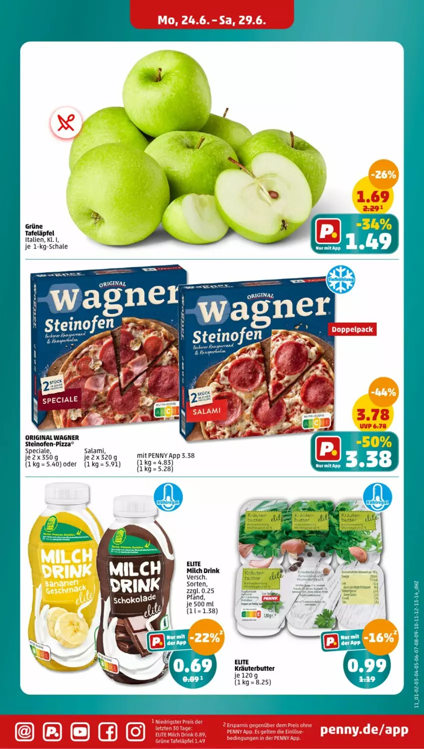 Aktueller Prospekt Penny - Prospekte - von 24.06 bis 29.06.2024 - strona 11 - produkty: butter, drink, gin, kräuter, kräuterbutter, milch, Ofen, original wagner, pizza, salami, Schal, Schale, steinofen, tafeläpfel, wagner