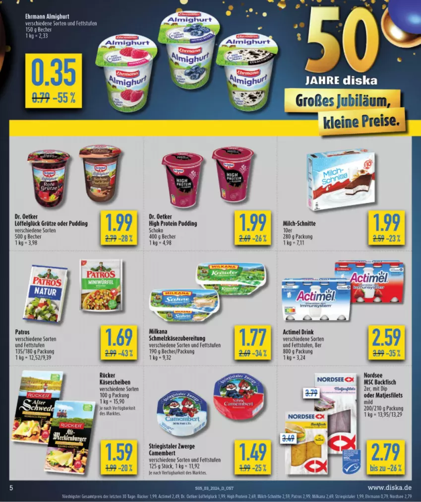 Aktueller Prospekt Budni - von 15.01 bis 20.01.2024 - strona 5 - produkty: actimel, actimel drink, almighur, almighurt, backfisch, Becher, dip, drink, ehrmann, ehrmann almighurt, filet, filets, fisch, grütze, Käse, käsescheiben, LG, Löffel, milch, milch-schnitte, milka, milkana, Nordsee, patros, pudding, Schmelzkäse, schmelzkäsezubereitung, schoko, Ti