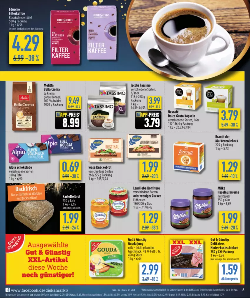 Aktueller Prospekt Budni - von 15.01 bis 20.01.2024 - strona 6 - produkty: aktionspreis, alpia, beere, beeren, bella crema, bohne, bohnen, brandt, brot, creme, dolce gusto, eduscho, eis, filterkaffee, gouda, gouda jung, haselnuss, Haselnusscreme, hinterkochschinken, jacobs, jacobs tassimo, kaffee, knäckebrot, kochschinken, konfitüre, landliebe, mac, Markenzwieback, melitta, milka, nescafe, nuss, rapsöl, reis, schinken, schoko, schokolade, sim, tassimo, Ti, wasa, xxl-packung, ZTE, zucker