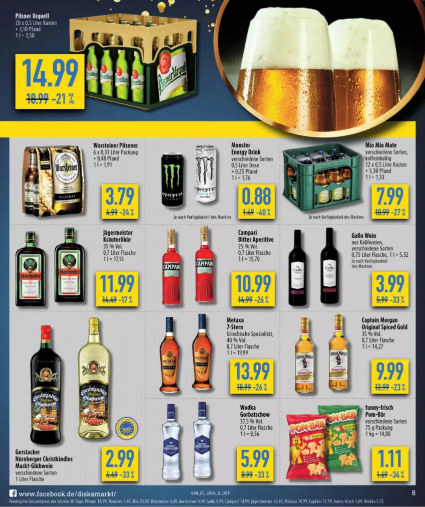 Aktueller Prospekt Budni - von 15.01 bis 20.01.2024 - strona 8 - produkty: Berger, campari, Cap, captain morgan, drink, eis, energy drink, flasche, funny-frisch, gallo, Germ, gin, Glühwein, Gorbatschow, jägermeister, Kindle, kräuter, kräuterlikör, likör, Meister, Metaxa, Mio Mio, monster, nürnberger, original spiced gold, pils, pilsener, pilsner, pilsner urquell, pom-bär, reis, Spezi, steiner, Ti, warsteiner, wein, wodka, ZTE