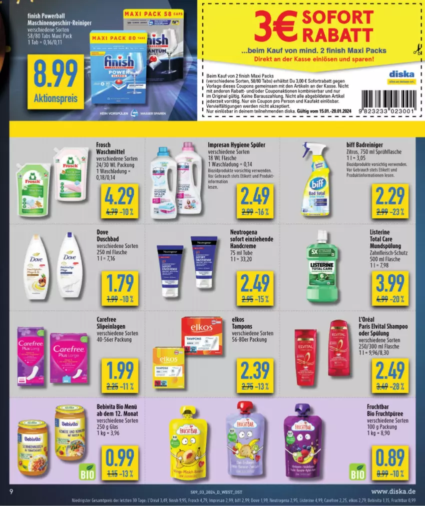 Aktueller Prospekt Budni - von 15.01 bis 20.01.2024 - strona 9 - produkty: Bad, bebivita, biff, bio, biozidprodukte, carefree, coupon, coupons, creme, dove, duschbad, eis, elkos, elvital, erde, Finish, flasche, Frosch, frucht, geschirr, gin, handcreme, l'oreal, mundspülung, neutrogena, püree, Rauch, reiniger, resa, rwe, shampoo, slip, slipeinlagen, sofortrabatt, sprühflasche, spülung, Tampon, tampons, Ti, total care, vita, waschmittel