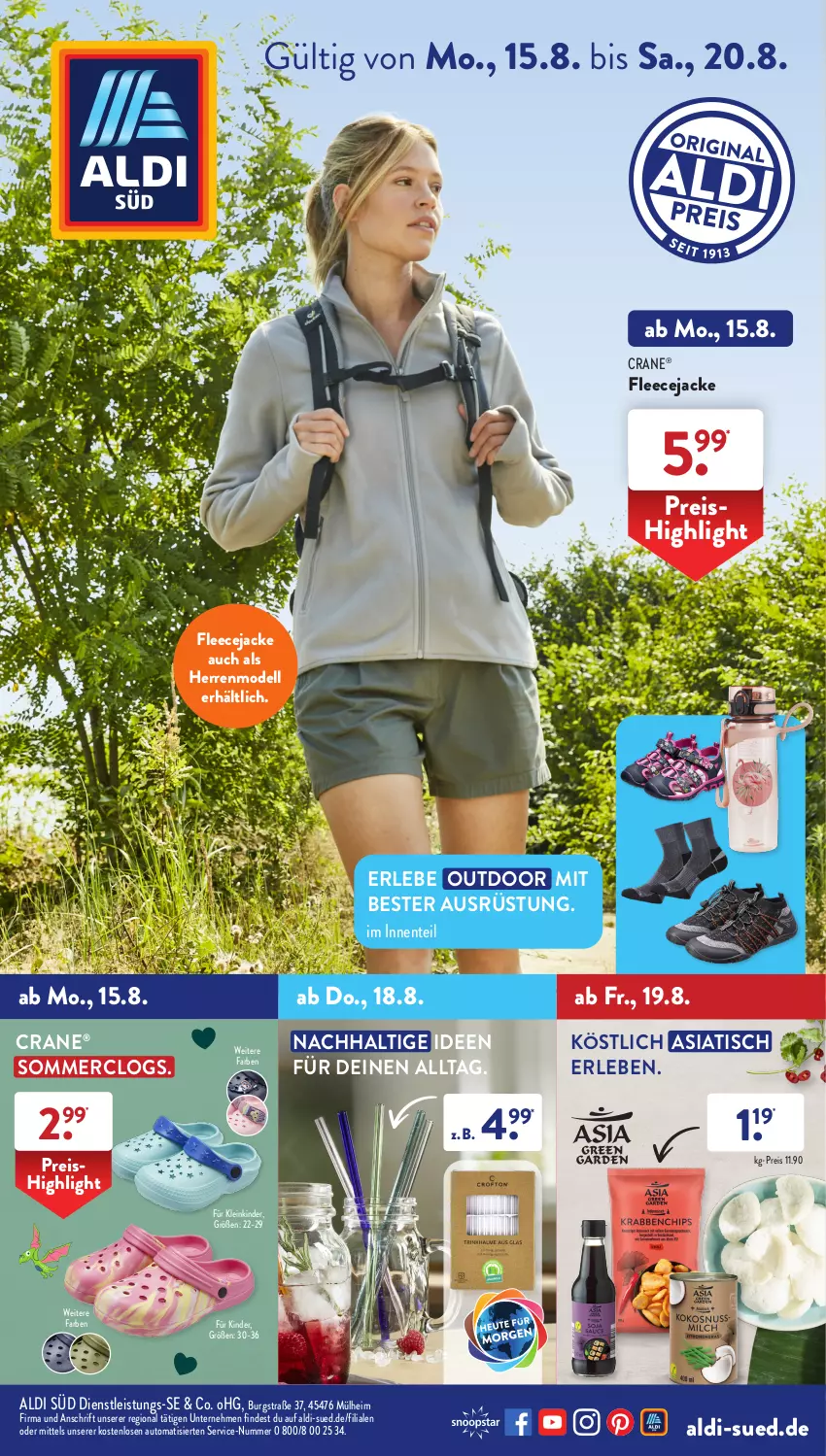 Aktueller Prospekt AldiSud - IN ZWEI WOCHEN - von 15.08 bis 20.08.2022 - strona 1 - produkty: aldi, auto, Clogs, dell, eis, ente, Fleecejacke, Jacke, Kinder, Mode, reis, Ti, tisch