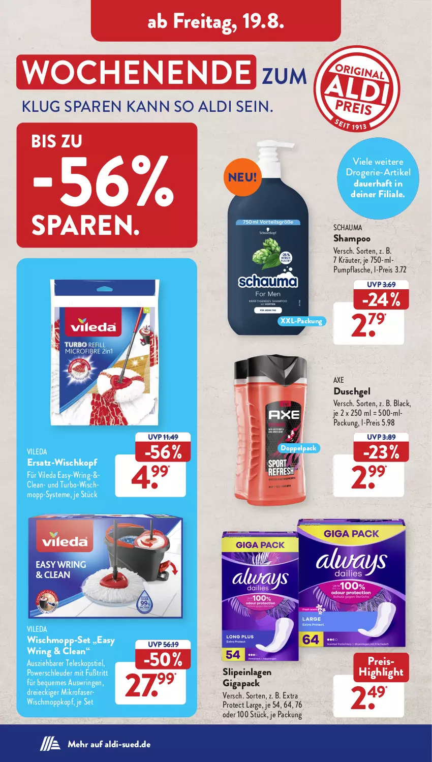 Aktueller Prospekt AldiSud - IN ZWEI WOCHEN - von 15.08 bis 20.08.2022 - strona 20 - produkty: aldi, auer, axe, axe duschgel, drogerie-artikel, duschgel, eis, flasche, kräuter, lack, mikrofaser, reis, ring, schauma, schauma shampoo, shampoo, slip, slipeinlagen, Teleskop, teleskopstiel, Ti, vileda, Wischmopp, xxl-packung