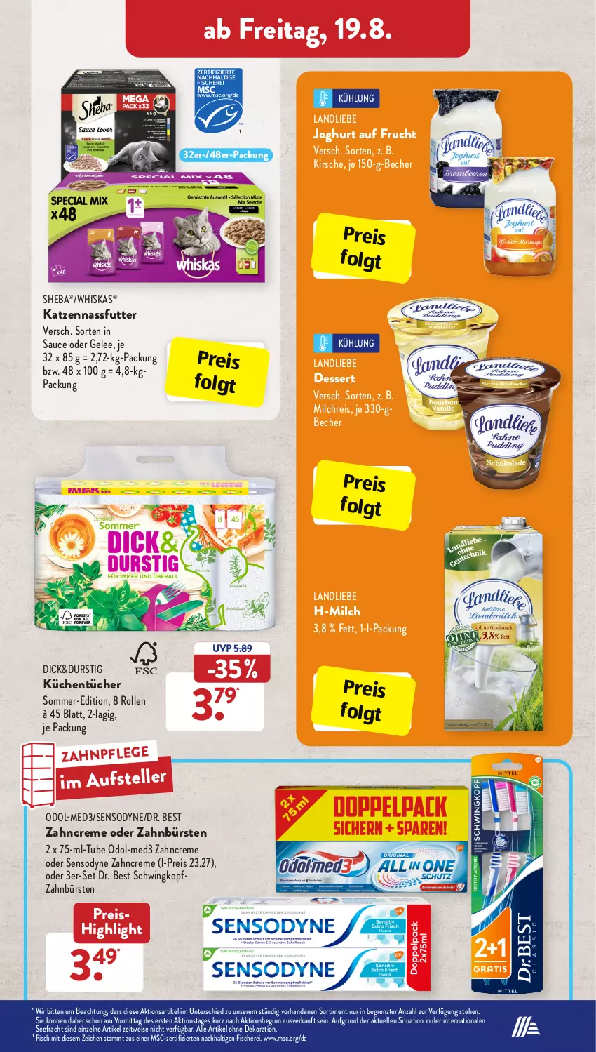 Aktueller Prospekt AldiSud - IN ZWEI WOCHEN - von 15.08 bis 20.08.2022 - strona 21 - produkty: alle artikel ohne dekoration, Becher, bürste, bürsten, creme, dekoration, dessert, Dr. Best, eis, elle, fisch, fische, Fischer, frucht, gelee, gin, joghur, joghurt, kirsch, kirsche, küche, Küchen, küchentücher, landliebe, landliebe joghurt, LG, milch, milchreis, nassfutter, Odol, reis, sauce, Schere, sensodyne, sheba, teller, Ti, tücher, whiskas, zahnbürste, zahnbürsten, zahncreme, ZTE