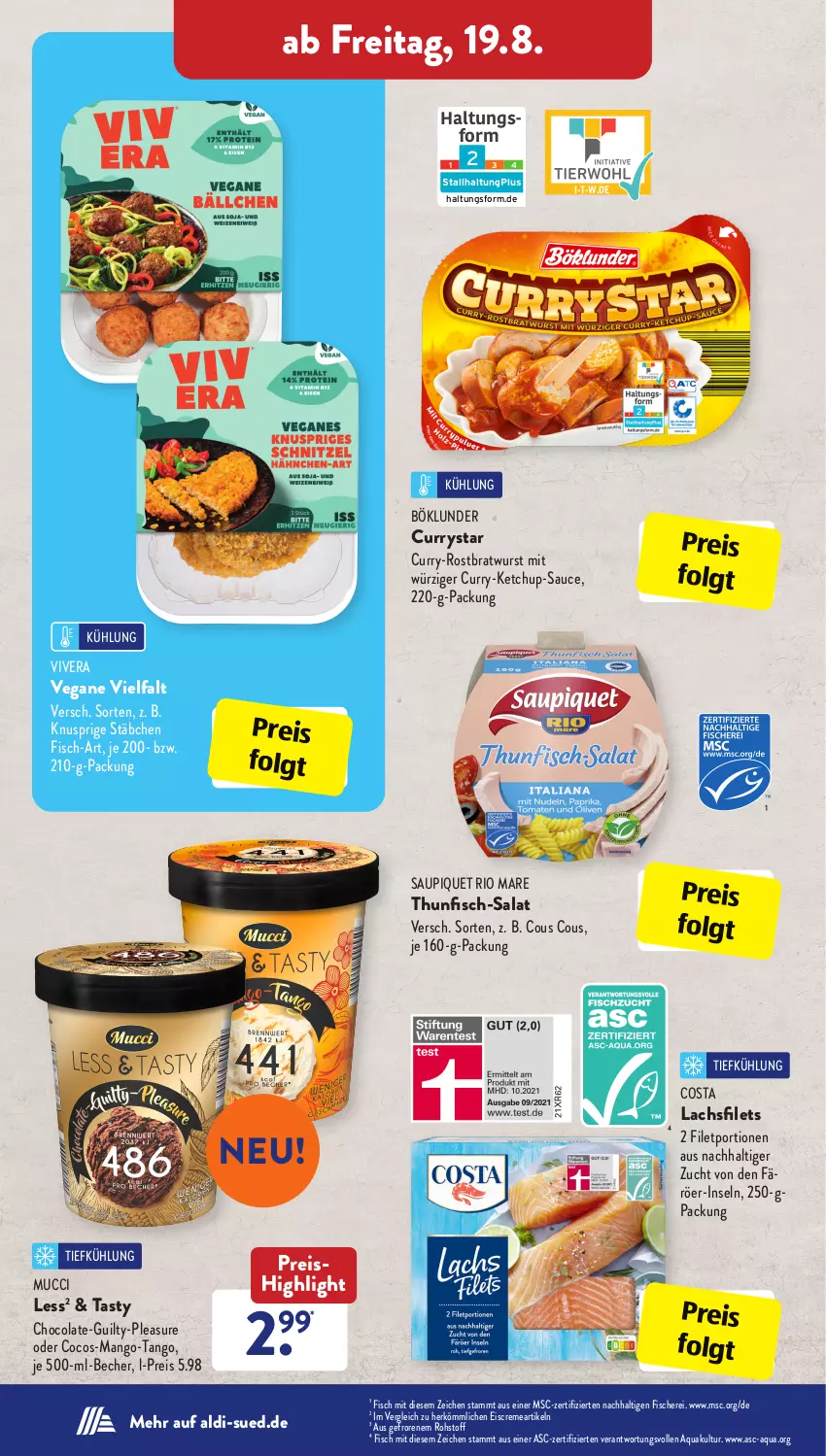 Aktueller Prospekt AldiSud - IN ZWEI WOCHEN - von 15.08 bis 20.08.2022 - strona 24 - produkty: aldi, aqua, Becher, böklunder, bratwurst, cocos, cola, Cous Cous, creme, curry, eis, eiscreme, filet, filets, fisch, fische, Fischer, ketchup, lachs, lachsfilet, lachsfilets, LG, mango, reis, Rio Mare, rostbratwurst, salat, sauce, saupiquet, Schere, thunfisch, Ti, wurst