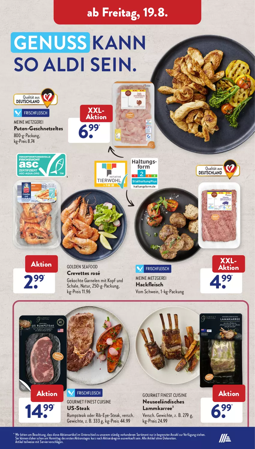 Aktueller Prospekt AldiSud - IN ZWEI WOCHEN - von 15.08 bis 20.08.2022 - strona 25 - produkty: aldi, alle artikel ohne dekoration, dekoration, eis, fleisch, garnelen, geschnetzeltes, gin, hackfleisch, lamm, natur, nuss, pute, reis, rum, rumpsteak, Schal, Schale, schwein, steak, Ti, wein, Zelt, ZTE