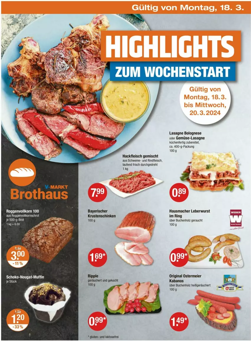 Aktueller Prospekt Vmarkt - Prospekte - von 14.03 bis 20.03.2024 - strona 22 - produkty: bolognese, buch, eier, eis, fleisch, gin, hackfleisch, hackfleisch gemischt, Hausmacher, Holz, kabanos, korn, Krustenschinken, küche, Küchen, lasagne, Laufen, leberwurst, mac, Muffin, Rauch, rind, rindfleisch, ring, schinken, schoko, schwein, schweine, Ti, wein, weine, wurst