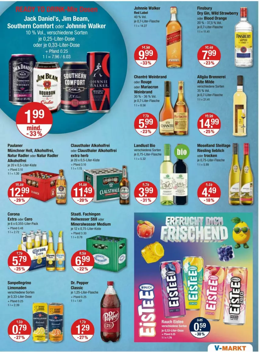 Aktueller Prospekt Vmarkt - Prospekte - von 14.03 bis 20.03.2024 - strona 9 - produkty: alkohol, Alwa, aust, bio, chia, clausthaler, corona, corona extra, dry gin, elle, finsbury, flasche, gin, johnnie walker, LG, limo, limonade, limonaden, mariacron, mineralwasser, Mineralwasser Medium, moselland, natur, natur radler, orange, Paula, paulaner, radler, Ria, riesling, rouge, sanpellegrino, Staatl. Fachingen, tee, Ti, wasser, wein, weinbrand, Wild