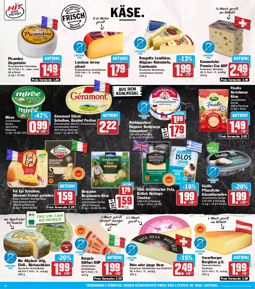 Aktueller Prospekt Hit - Wochenprospekt - von 06.01 bis 11.01.2025 - strona 10 - produkty: auer, aus dem kühlregal, Bad, Bau, Bauer, bergader, Berger, Bergkäse, bio, cambozola, camembert, cheddar, chili, deutscher schnittkäse, deutscher weichkäse, eis, emmentaler, feta, finello, fol epi, frischkäse, géramont, hartkäse, Heu, heumilch, Käse, kühlregal, landkäse, LG, mac, milch, miree, natur, ndk, regal, reis, rotkäppchen, rouge, rougette, Rügener, rügener badejunge, Schmelzkäse, schnittkäse, schweizer hartkäse, schweizer schnittkäse, Ti, torte, weichkäse, ZTE