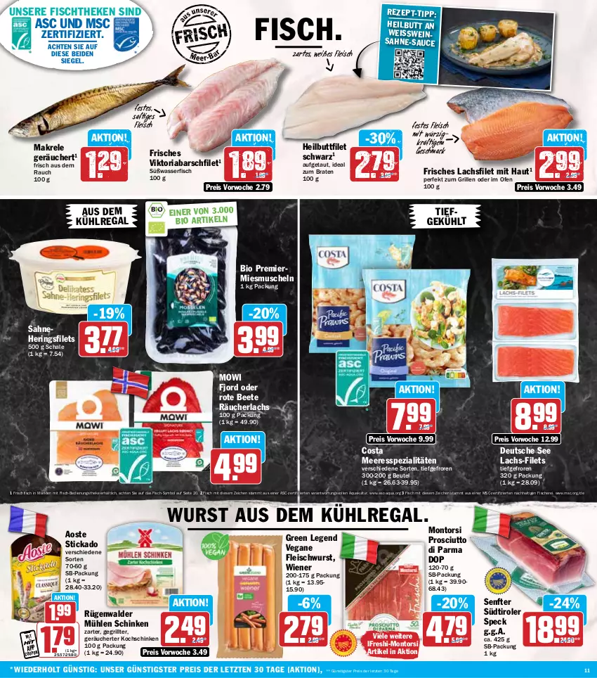 Aktueller Prospekt Hit - Wochenprospekt - von 06.01 bis 11.01.2025 - strona 11 - produkty: aoste stickado, aqua, aus dem kühlregal, beutel, bio, braten, eis, filet, filets, fisch, fische, Fischer, fischtheke, fleisch, fleischwurst, frischfisch, grill, Heilbuttfilet, hering, Herings, heringsfilets, ideal zum braten, kochschinken, kühlregal, lachs, lachsfilet, mac, Makrele, montorsi, mühlen schinken, Muscheln, Ofen, prosciutto, Prosciutto di Parma, Rauch, Räucherlachs, regal, reis, rel, Ria, ring, rügenwalder, rügenwalder mühle, saft, sahne, sauce, Schal, Schale, Schere, schinken, senf, Speck, Spezi, stickado, südtiroler, Ti, Vegane Fleisch, wasser, wein, wiener, wurst, ZTE