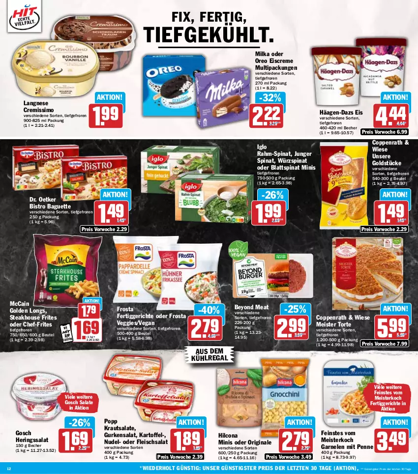 Aktueller Prospekt Hit - Wochenprospekt - von 06.01 bis 11.01.2025 - strona 12 - produkty: aus dem kühlregal, baguette, Becher, beutel, Bistro Baguette, blattspinat, coppenrath, creme, cremissimo, Dr. Oetker, eis, eiscreme, fertiggericht, fertiggerichte, fleisch, fleischsalat, frosta, garnelen, gin, Golden Longs, Goldstücke, gurke, gurken, gurkensalat, häagen-dazs, hering, Herings, hilcona, iglo, kartoffel, Kraut, krautsalat, kühlregal, langnese, langnese cremissimo, mccain, Meister, Meister Torte, milka, nudel, oreo, penne, Popp, rahm-spinat, regal, reis, ring, salat, salate, sim, spinat, steak, Ti, torte, veggie, Yo, ZTE