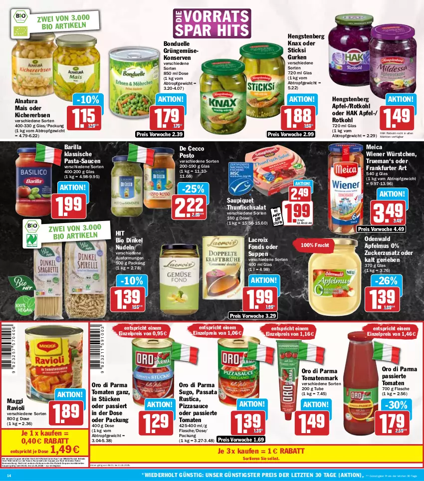 Aktueller Prospekt Hit - Wochenprospekt - von 06.01 bis 11.01.2025 - strona 14 - produkty: apfel, apfelmus, barilla, bio, bonduelle, coupon, coupons, De Cecco, ecco, eis, elle, erbsen, fisch, flasche, frankfurter, frucht, Gemüsekonserve, gin, gurke, gurken, hengstenberg, kichererbsen, Konserven, maggi, mais, meica, natur, natura, nudel, nudeln, odenwald, oro di parma, pasta, pasta-sauce, pesto, pizza, rabatt-coupon, ravioli, reis, rotkohl, salat, sauce, saucen, saupiquet, Sugo, suppe, suppen, thunfisch, Thunfischsalat, Ti, Tiere, tomate, tomaten, tomatenmark, wiener, wiener würstchen, würstchen, ZTE, zucker