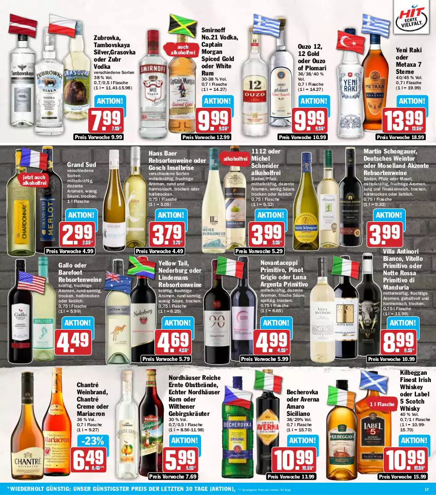 Aktueller Prospekt Hit - Wochenprospekt - von 06.01 bis 11.01.2025 - strona 17 - produkty: alkohol, amaro, auer, averna, Bad, Becher, Becherovka, Cap, chantré, creme, eis, ente, finesse, flasche, frucht, gallo, grand sud, hero, irish whiskey, kilbeggan, korn, kräuter, mariacron, Metaxa, Michel Schneider, moselland, nederburg, obst, ouzo, ouzo 12, Pinot, pinot grigio, primitivo, rebsortenweine, reis, Ria, rum, scotch, scotch whisky, smirnoff, Ti, vodka, wein, weinbrand, weine, whiskey, whisky, white rum, wilthener, yellow tail, yeni raki, ZTE