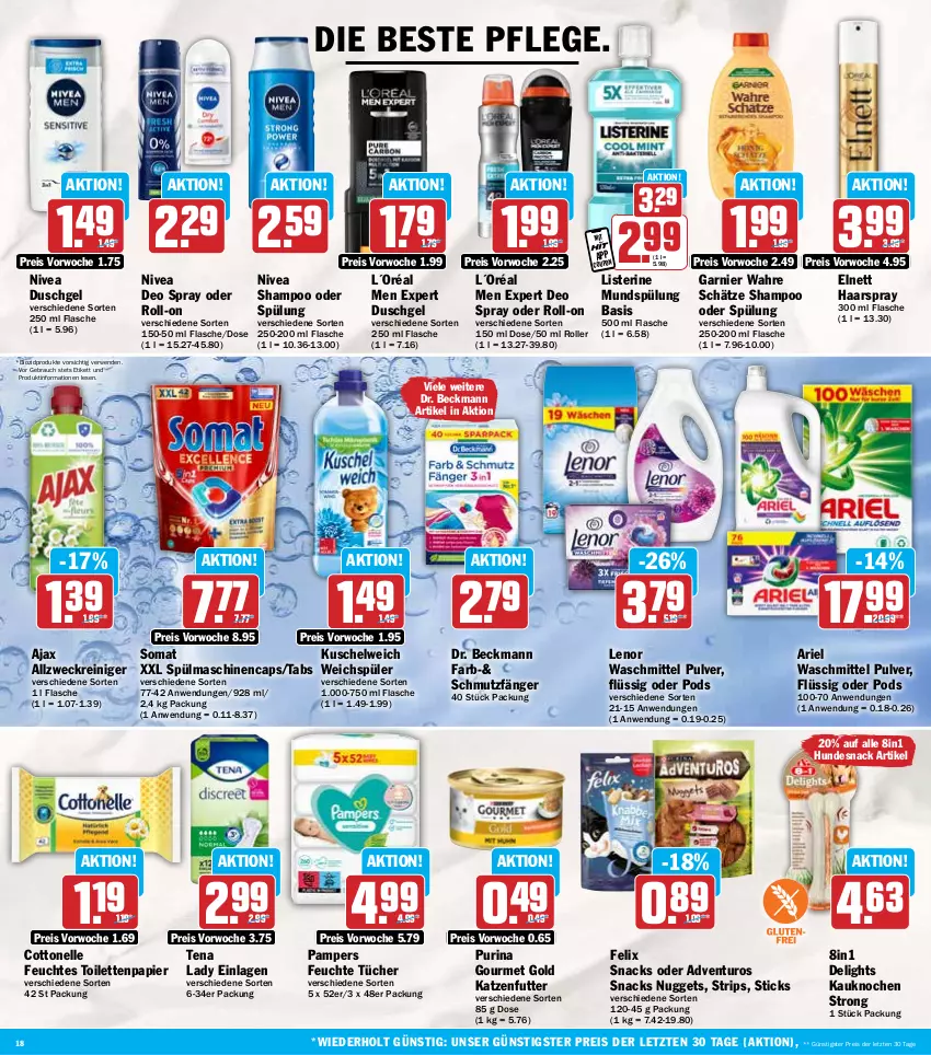 Aktueller Prospekt Hit - Wochenprospekt - von 06.01 bis 11.01.2025 - strona 18 - produkty: adventuros, ajax, allzweckreiniger, ariel, ariel waschmittel, bio, biozidprodukte, Cap, cottonelle, deo, deo spray, Dr. Beckmann, duschgel, eis, elle, elnett, felix, feuchte tücher, feuchtes toilettenpapier, flasche, garnier, gourmet gold, haarspray, hundesnack, katzenfutter, Kuschelweich, L´Oréal, lenor, lenor waschmittel, listerine, mundspülung, nivea, nuggets, pampers, papier, Pods, purina, Rauch, reiniger, reis, roll-on, Roller, rwe, shampoo, shampoo oder spülung, snack, snacks, somat, spülmaschinen, spülung, Tena Lady, Ti, toilettenpapier, tücher, Wahre Schätze, waschmittel, weck, weichspüler, ZTE