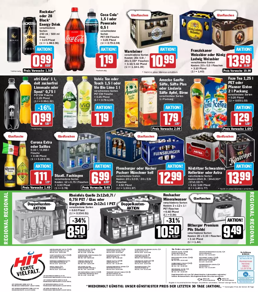 Aktueller Prospekt Hit - Wochenprospekt - von 06.01 bis 11.01.2025 - strona 20 - produkty: Afri Cola, Alwa, amecke, angebot, angebote, apfel, Astra, auer, Bad, bier, bio, bio limo, bitburger, braun, burger, burgwallbronn, cola, corona, corona extra, deit, drink, eimer, eis, eistee, elle, energy drink, Engel, fisch, flasche, flensburger, franziskaner, fuze tea, glasflasche, hacker pschorr, kellerbier, köstritzer, lack, limo, limonade, Lübecker, mineralwasser, pfanne, Pfanner, pils, premium pils, Rauch, reis, rheinfels quelle, Rockstar, säfte, Spezi, Staatl. Fachingen, steiner, tee, Ti, uhr, vio bio limo, volvic, warsteiner, wasser, weissbier, ZTE, zucker