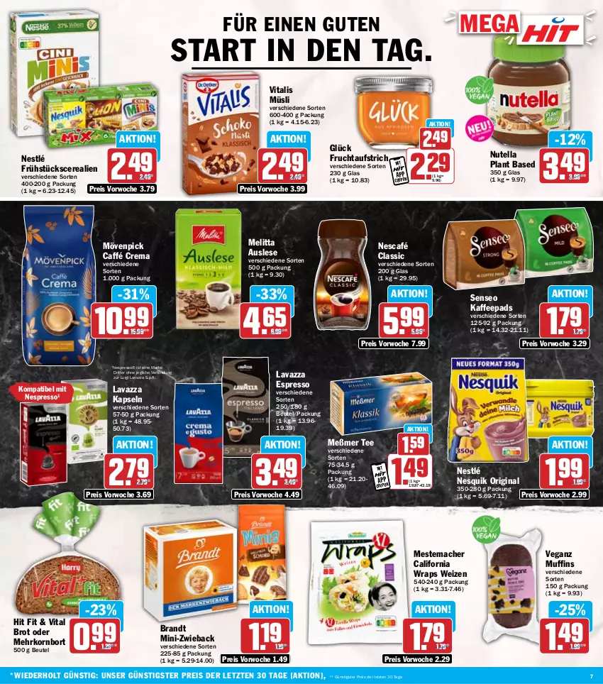 Aktueller Prospekt Hit - Wochenprospekt - von 06.01 bis 11.01.2025 - strona 7 - produkty: aufstrich, beutel, brandt, brot, cerealien, coupon, eis, espresso, frucht, fruchtaufstrich, gin, kaffee, kaffeepads, korn, lavazza, mac, melitta, Meßmer, mestemacher, mövenpick, Muffin, muffins, müsli, Nescafé, nespresso, nesquik, nestlé, nutella, reis, ritter, senseo, tee, Ti, vita, vitalis, vitalis müsli, wrap, wraps, ZTE