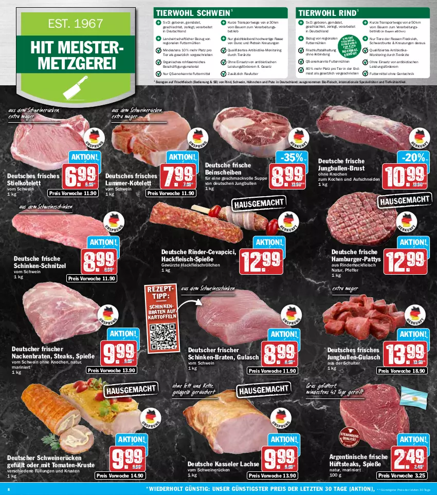 Aktueller Prospekt Hit - Wochenprospekt - von 06.01 bis 11.01.2025 - strona 8 - produkty: auer, Bau, Bauer, bio, braten, burger, cevapcici, eis, ente, fleisch, Geflügel, gewürz, gulasch, hackfleisch, hamburger, hüftsteak, hüftsteaks, jungbullen, kartoffel, kartoffeln, kasseler, Kette, kotelett, lachs, mac, Meister, monitor, natur, pfeffer, pute, reis, Ria, rind, rinder, rinderhackfleisch, ring, schinken, schinkenbraten, schnitzel, schwein, schweine, schweinerücken, Spezi, Sport, steak, steaks, suppe, Ti, Tiere, tisch, tomate, tomaten, wein, weine, ZTE