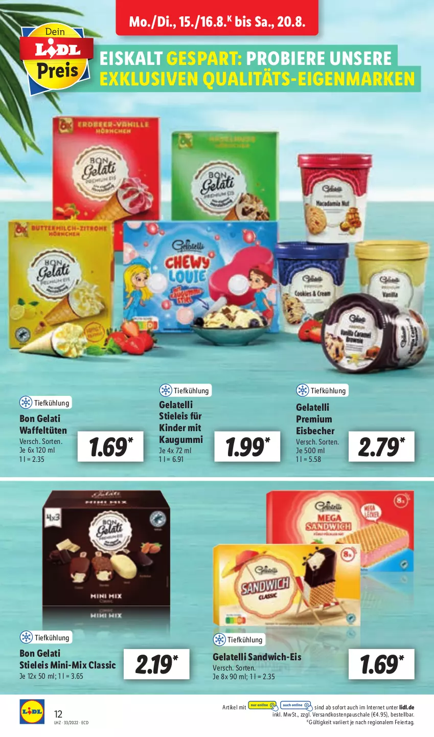 Aktueller Prospekt Lidl - Aktionsprospekt - von 15.08 bis 20.08.2022 - strona 12 - produkty: Becher, bier, Biere, Bon Gelati, eier, eis, eisbecher, Gelatelli, kaugummi, Kinder, ndk, sandwich, Schal, Schale, stieleis, Ti, Tüte